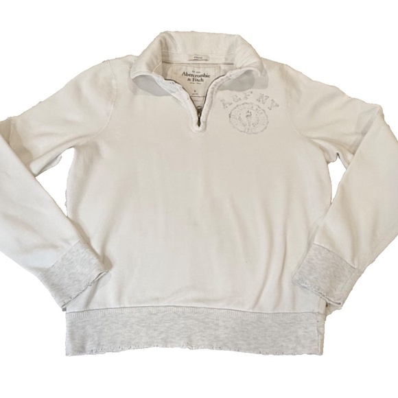 Abercrombie & Fitch Distressed 1/4 Zip Muscle Sweatshirt; White/Grey; Women's L - Picture 7 of 14